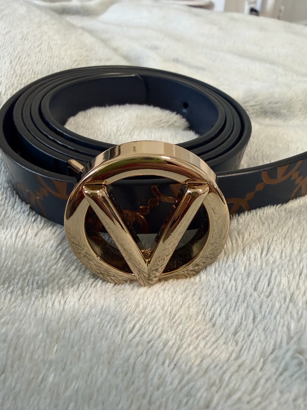 Valentino Gold V Logo Buckle Leather Belt - Black with Brown Pattern
